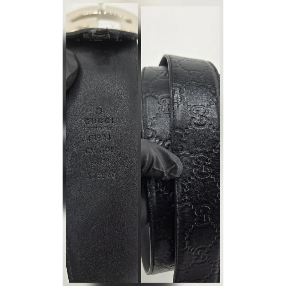 Gucci Signature Leather Belt Black GG Monogram Silver Interlocking G 90-36